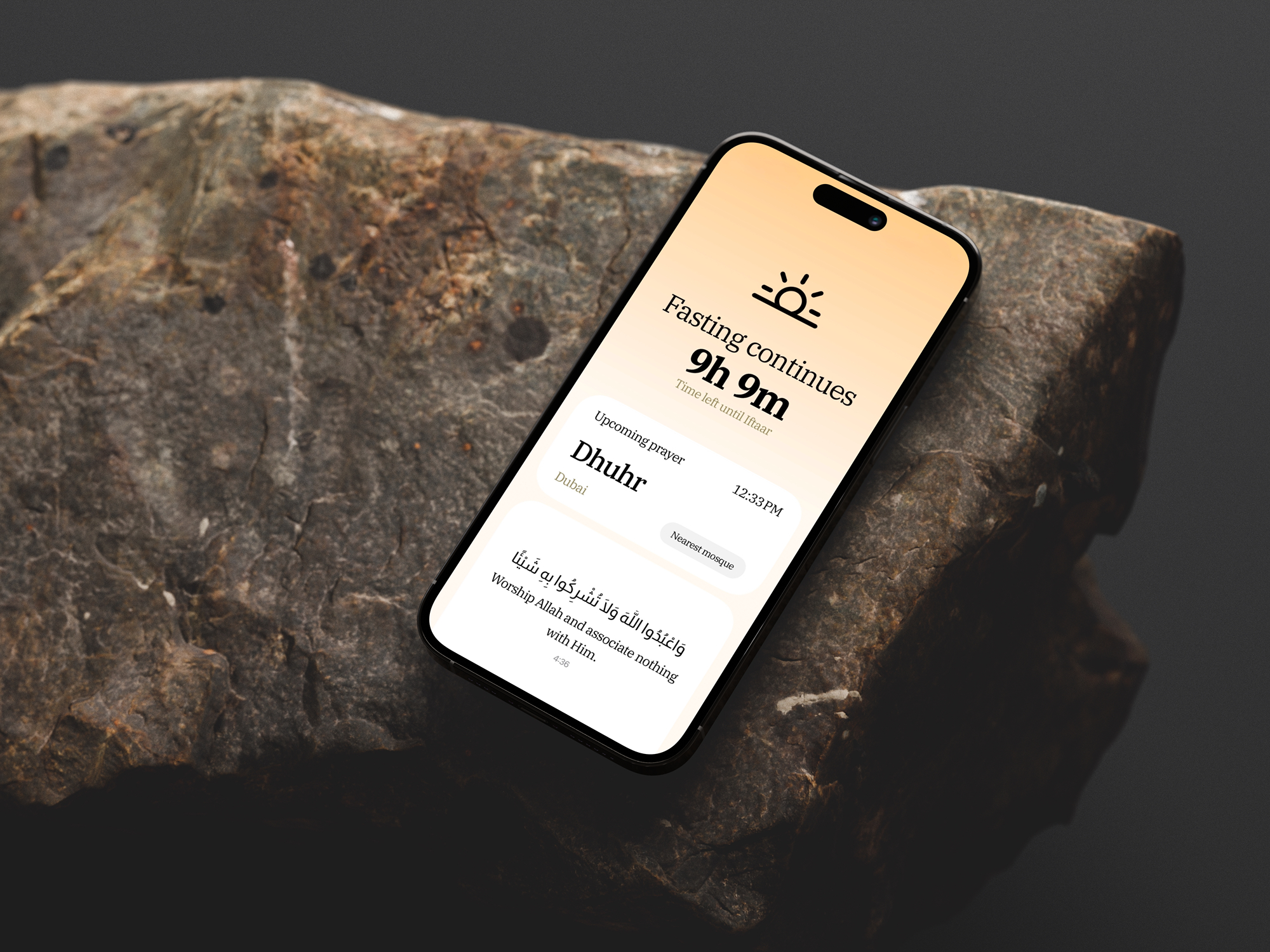 The Ramadan App — Fasting continues interface on stone